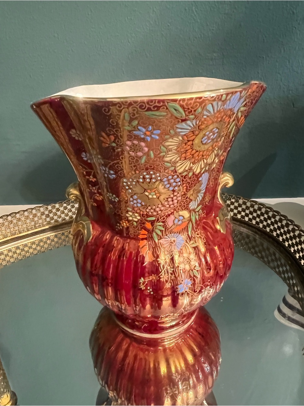 Vintage Crown Devon Floral Ceramic Pitcher in Deep Red and Gold RARE